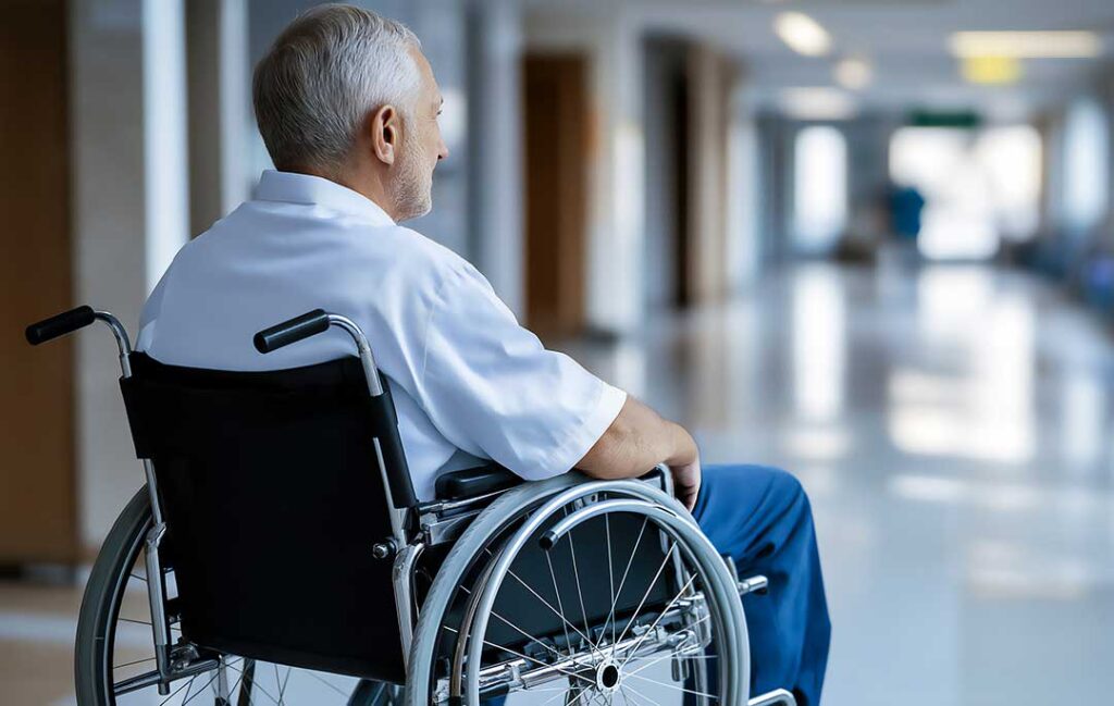 Older adult and family member reviewing Medicare documents at a kitchen table beside a care plan folder.